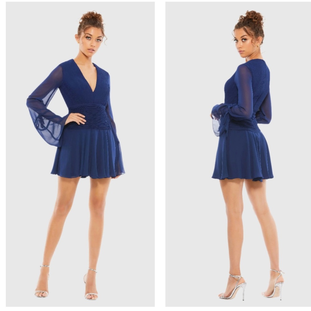 New MAC DUGGAL IEENA Navy Blue Pleated Plunging Chiffon Mini Dress Size 8
